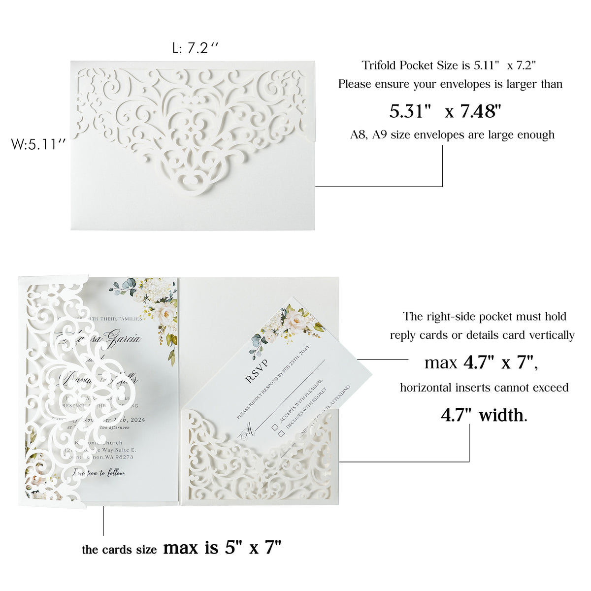 PONATIA  20PCS Ivory Laser Cut Wedding Invitations Pockets