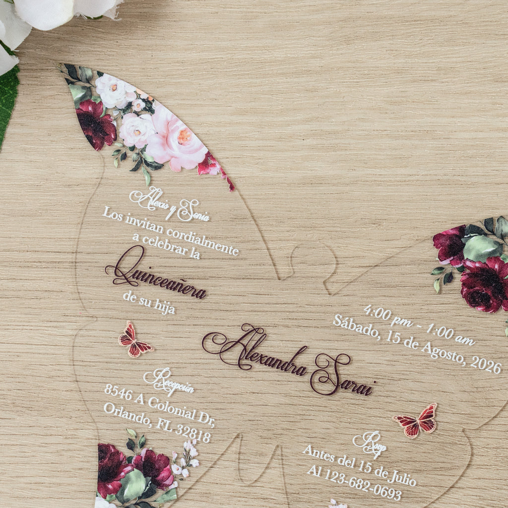 PONATIA 1mm/0.04" Burgundy Butterfly Clear Acrylic Quinceanera Invitation Card with Envelope