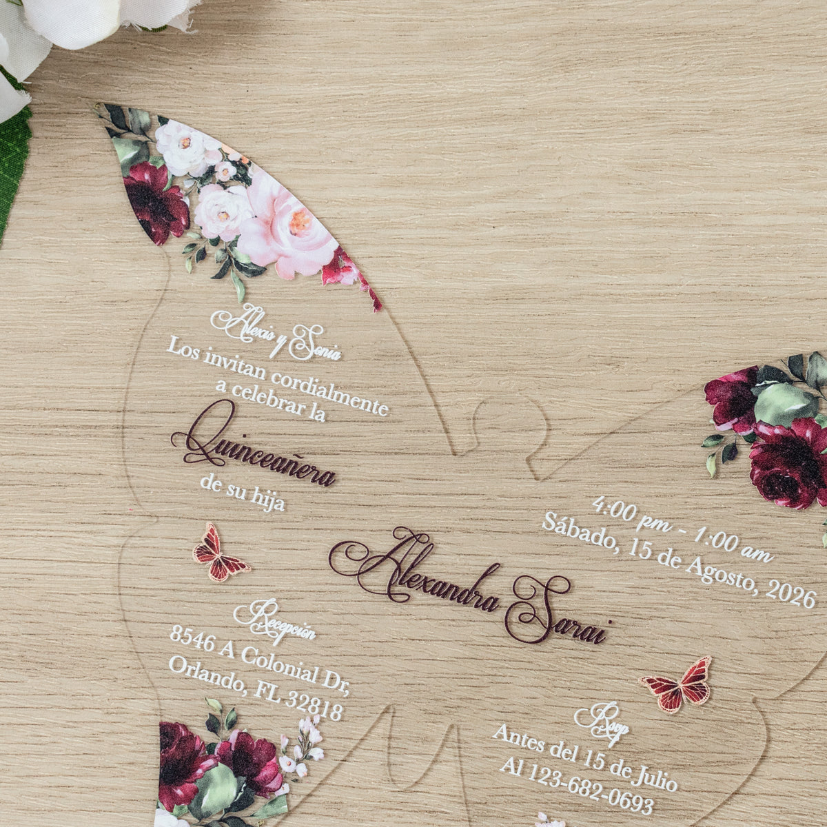 PONATIA 1mm/0.04" Burgundy Butterfly Clear Acrylic Quinceanera Invitation Card with Envelope