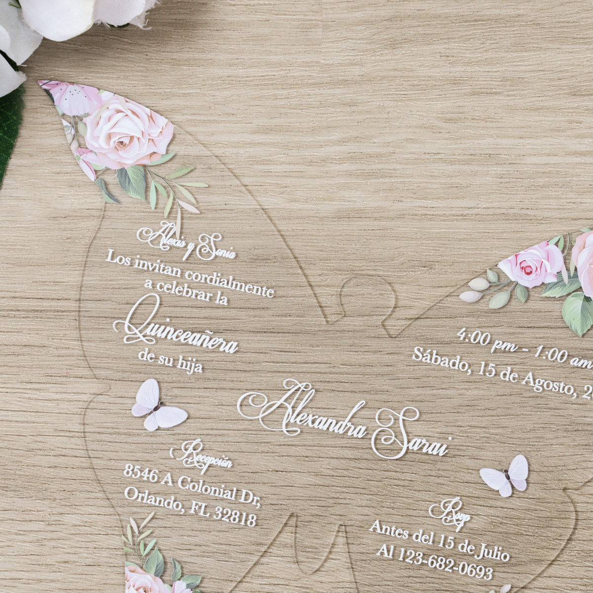 PONATIA 1mm/0.04" Blush Pink Butterfly Clear Acrylic Quinceanera Invitation Card with Envelopes