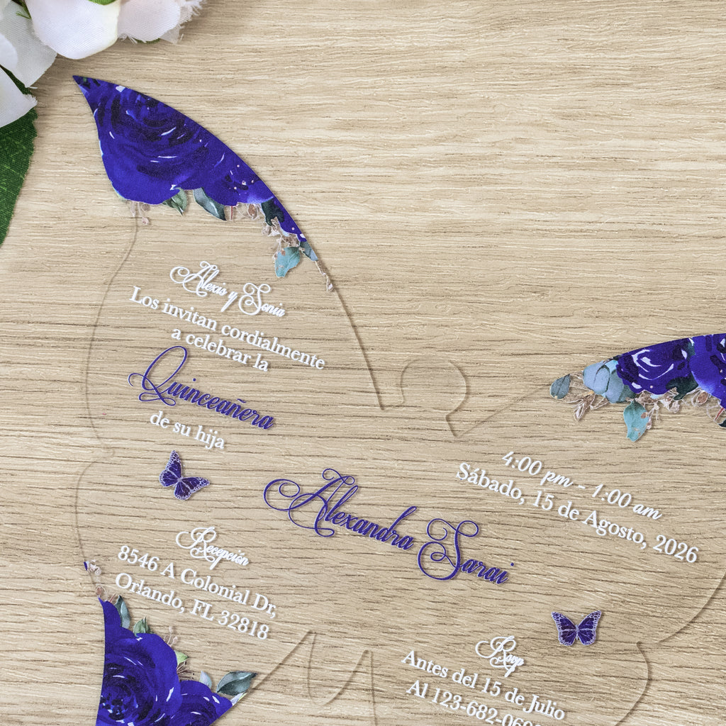 PONATIA 1mm/0.04" Royal Blue Butterfly Clear Acrylic Quinceanera Invitation Card with Envelopes