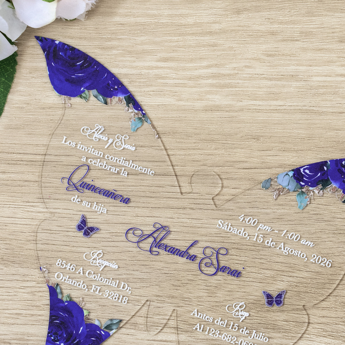 PONATIA 1mm/0.04" Royal Blue Butterfly Clear Acrylic Quinceanera Invitation Card with Envelopes