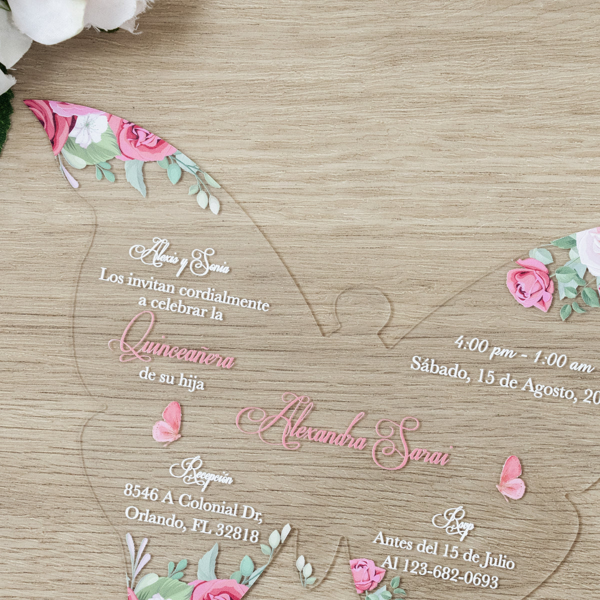 PONATIA 1mm/0.04" Dusty Rose Butterfly Clear Acrylic Quinceanera Invitation Card with Envelopes
