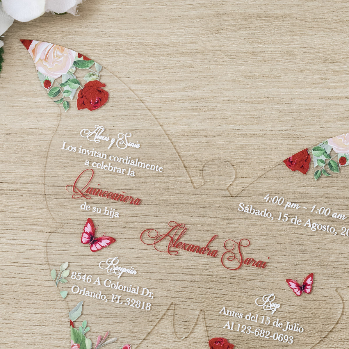 PONATIA 1mm/0.04" Red Butterfly Clear Acrylic Quinceanera Invitation Card with Envelopes