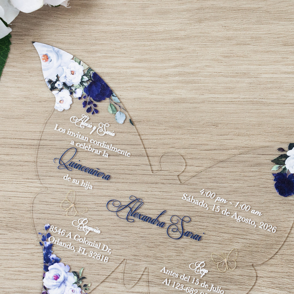 PONATIA 1mm/0.04" Navy Blue Butterfly Clear Acrylic Quinceanera Invitation Card with Envelopes
