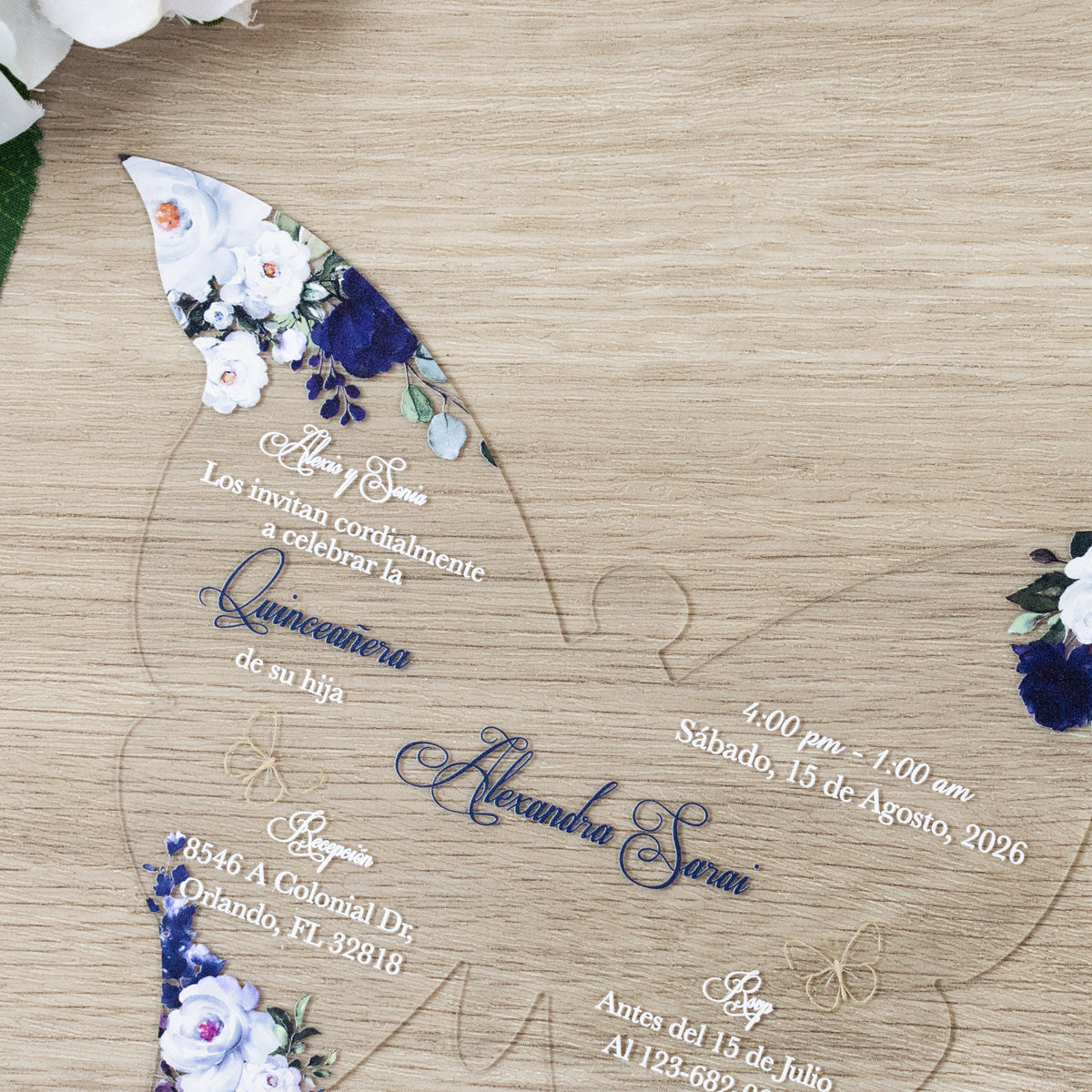 PONATIA 1mm/0.04" Navy Blue Butterfly Clear Acrylic Quinceanera Invitation Card with Envelopes
