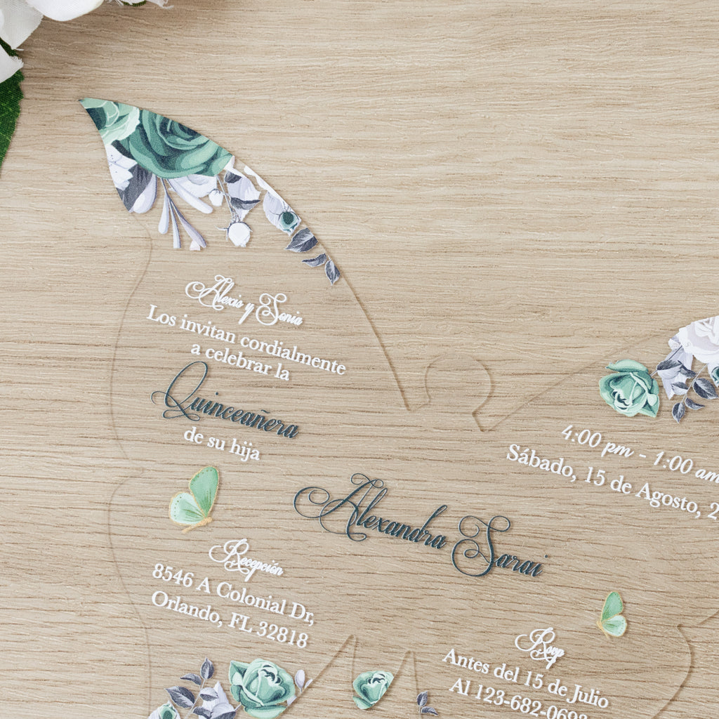 PONATIA 1mm/0.04" Emerald Green Butterfly Clear Acrylic Quinceanera Invitation Card with Envelopes