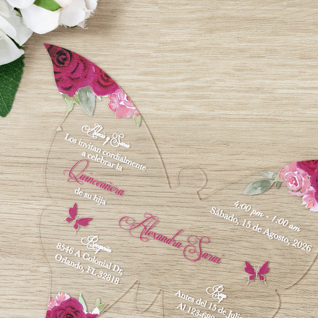 PONATIA 1mm/0.04" Fuchsia Butterfly Clear Acrylic Quinceanera Invitation Card with Envelopes