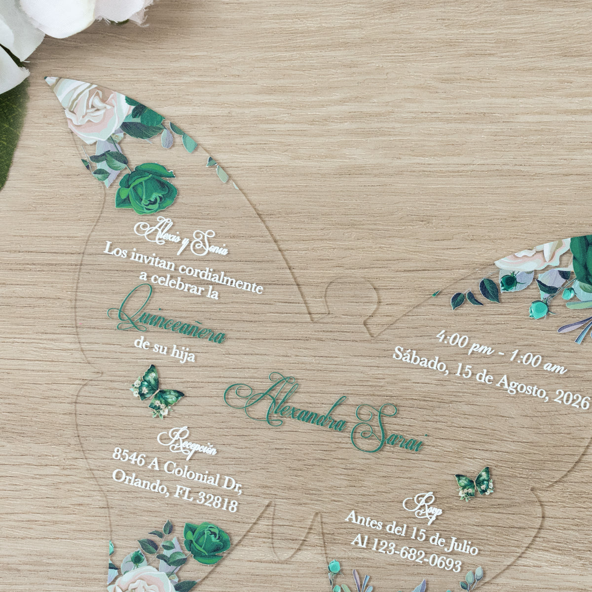 PONATIA 1mm/0.04" Emerald Green Butterfly Clear Acrylic Quinceanera Invitation Card with Envelopes