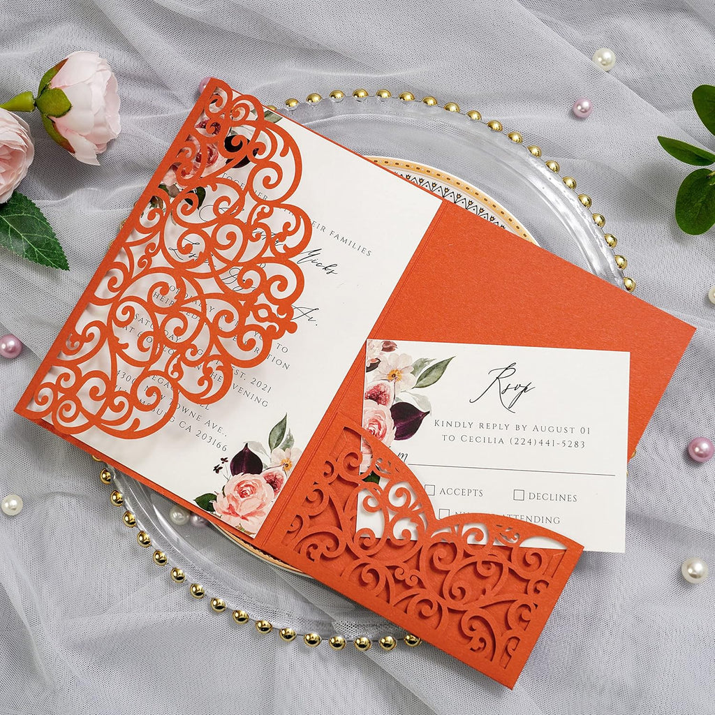 PONATIA 20 Pcs Burnt Orange Tri-Fold  Laser Cut Wedding Invitation Pockets with Envelopes for Wedding