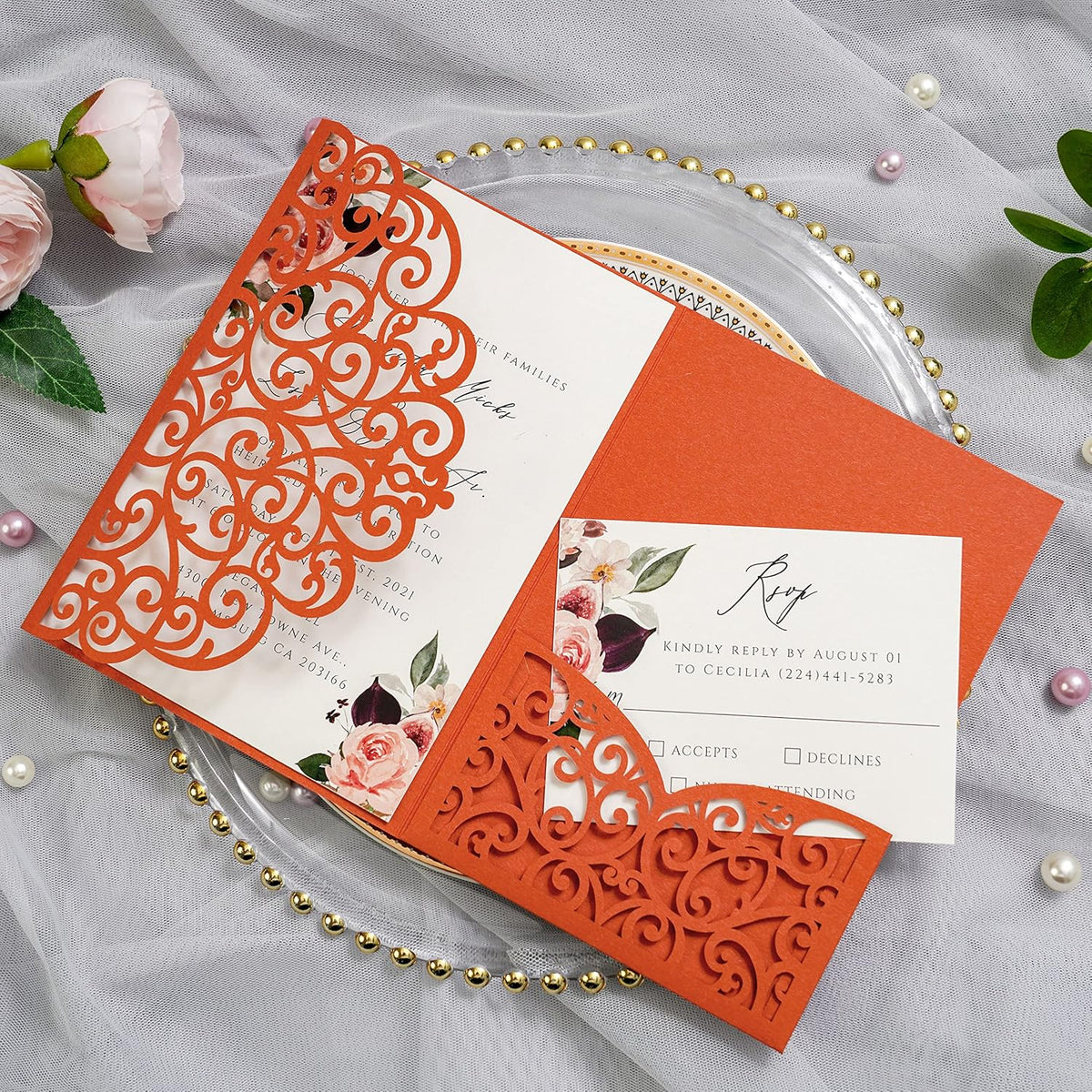PONATIA 20 Pcs Burnt Orange Tri-Fold  Laser Cut Wedding Invitation Pockets with Envelopes for Wedding
