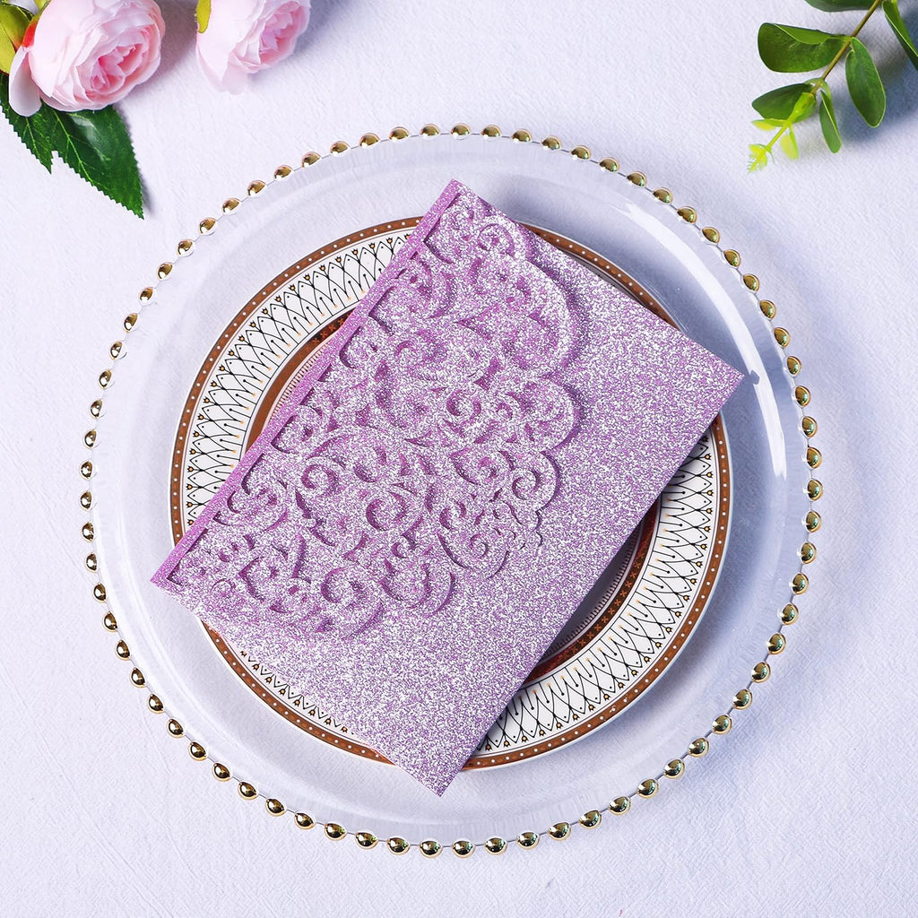 PONATIA 20 Pcs Purple Glitter Tri-Fold  Laser Cut Wedding Invitation Pockets with Envelopes for Wedding