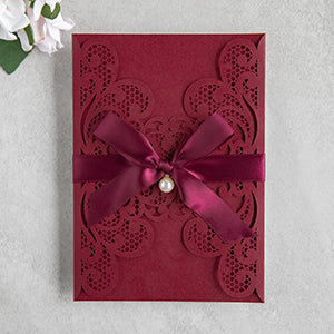 PONATIA 20 PCS Burgundy Laser Cut Invitation Cards with Ribbons and Rhinestone Pearls