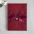 PONATIA 20 PCS Burgundy Laser Cut Invitation Cards with Ribbons and Rhinestone Pearls