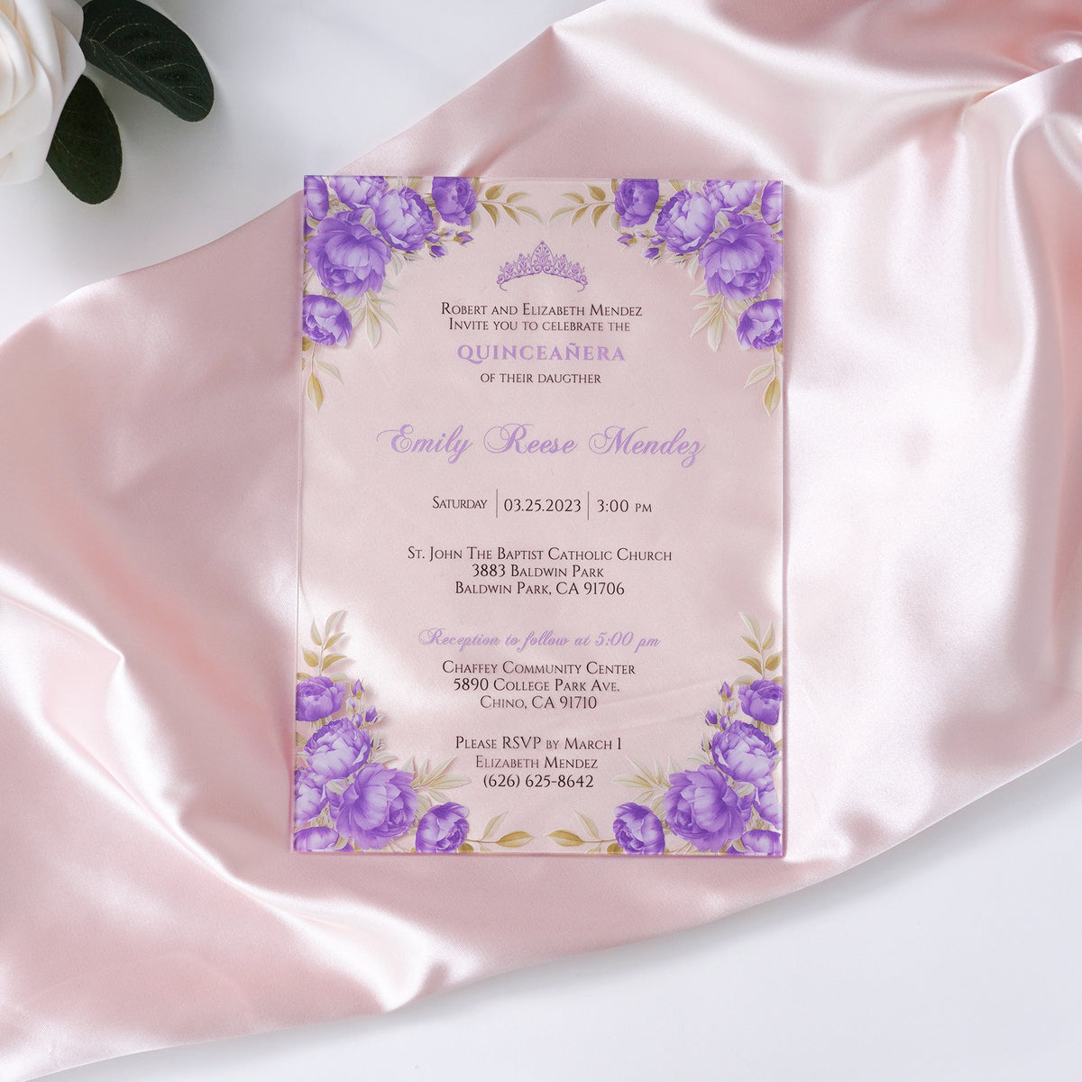 PONATIA 1mm/0.04" Lilac Clear Acrylic Quinceanera Invitation Cards with Envelopes