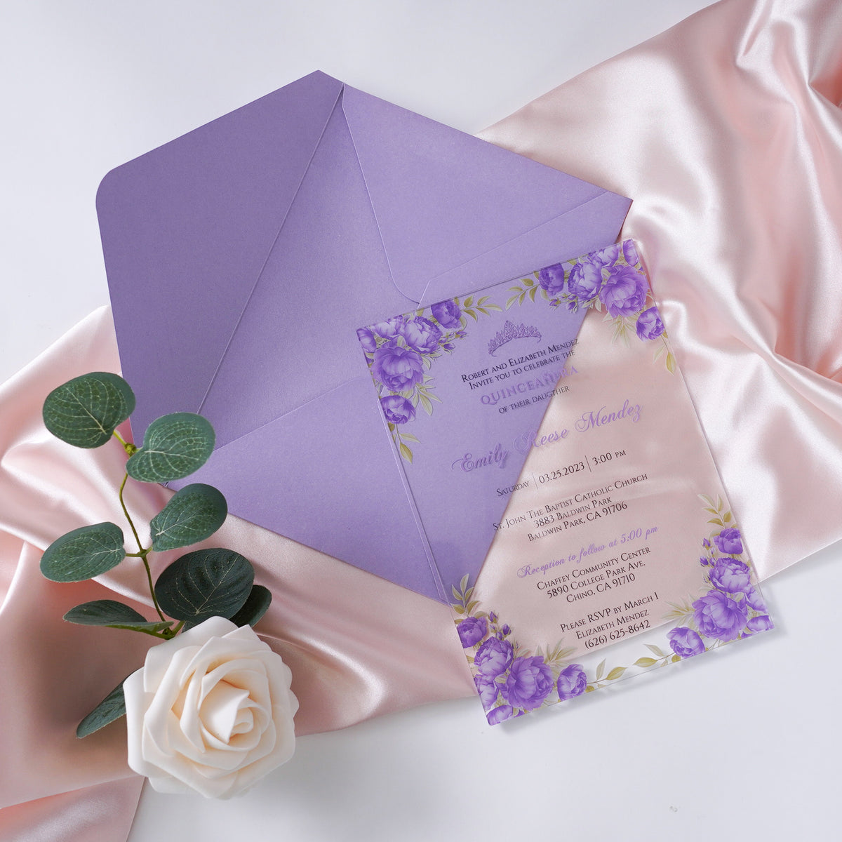 PONATIA 1mm/0.04" Lilac Clear Acrylic Quinceanera Invitation Cards with Envelopes