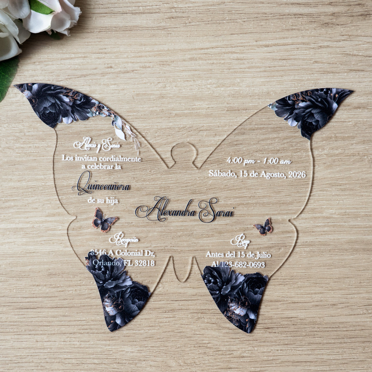 PONATIA 1mm/0.04" Black Butterfly Clear Acrylic Quinceanera Invitation Card with Envelopes