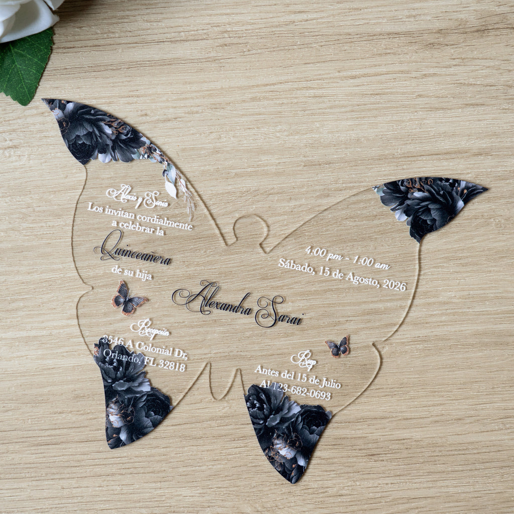 PONATIA 1mm/0.04" Black Butterfly Clear Acrylic Quinceanera Invitation Card with Envelopes