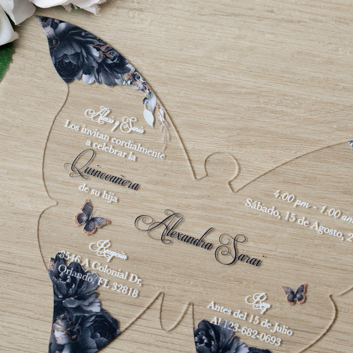 PONATIA 1mm/0.04" Black Butterfly Clear Acrylic Quinceanera Invitation Card with Envelopes