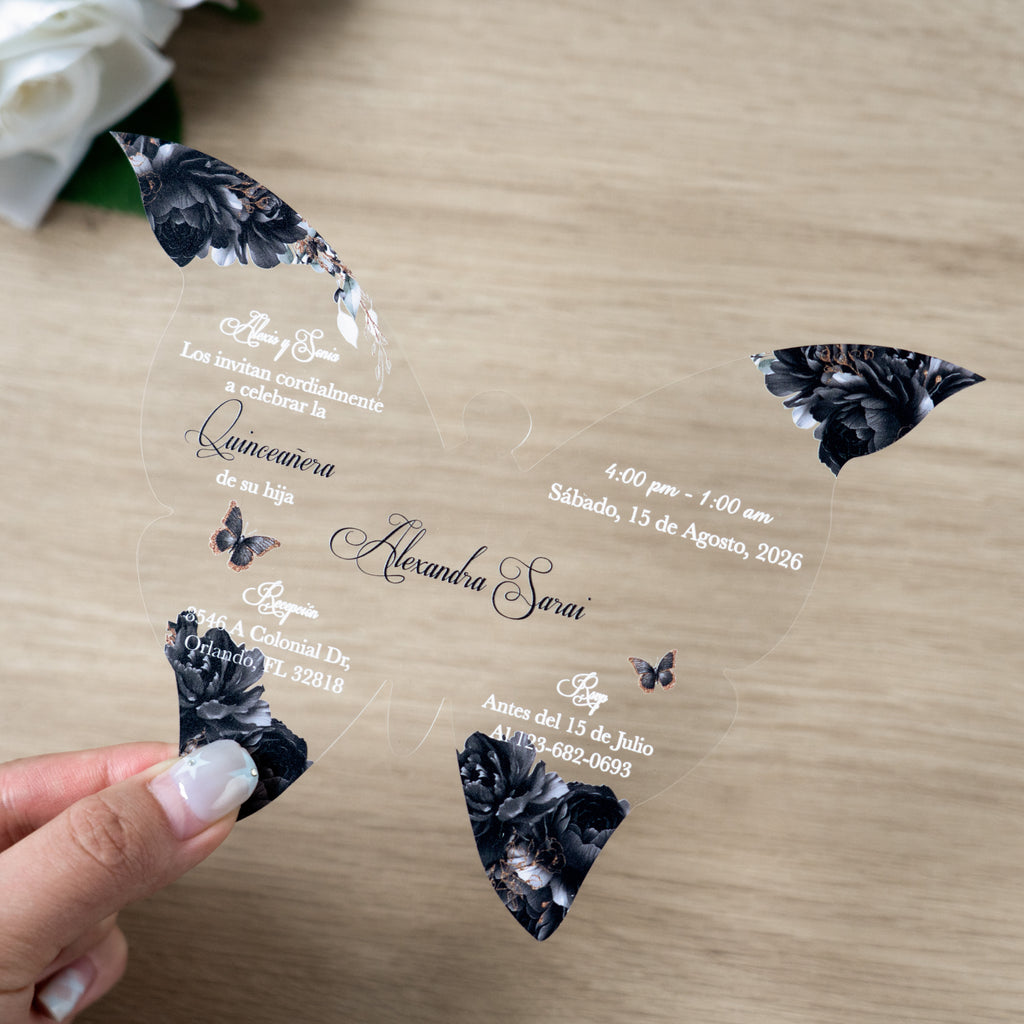 PONATIA 1mm/0.04" Black Butterfly Clear Acrylic Quinceanera Invitation Card with Envelopes