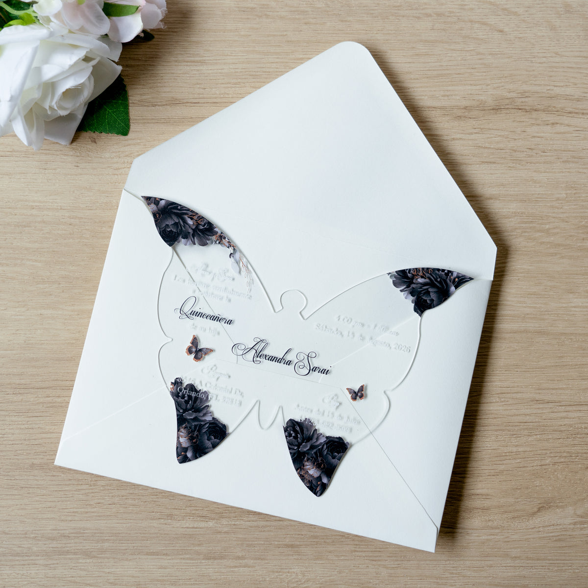 PONATIA 1mm/0.04" Black Butterfly Clear Acrylic Quinceanera Invitation Card with Envelopes