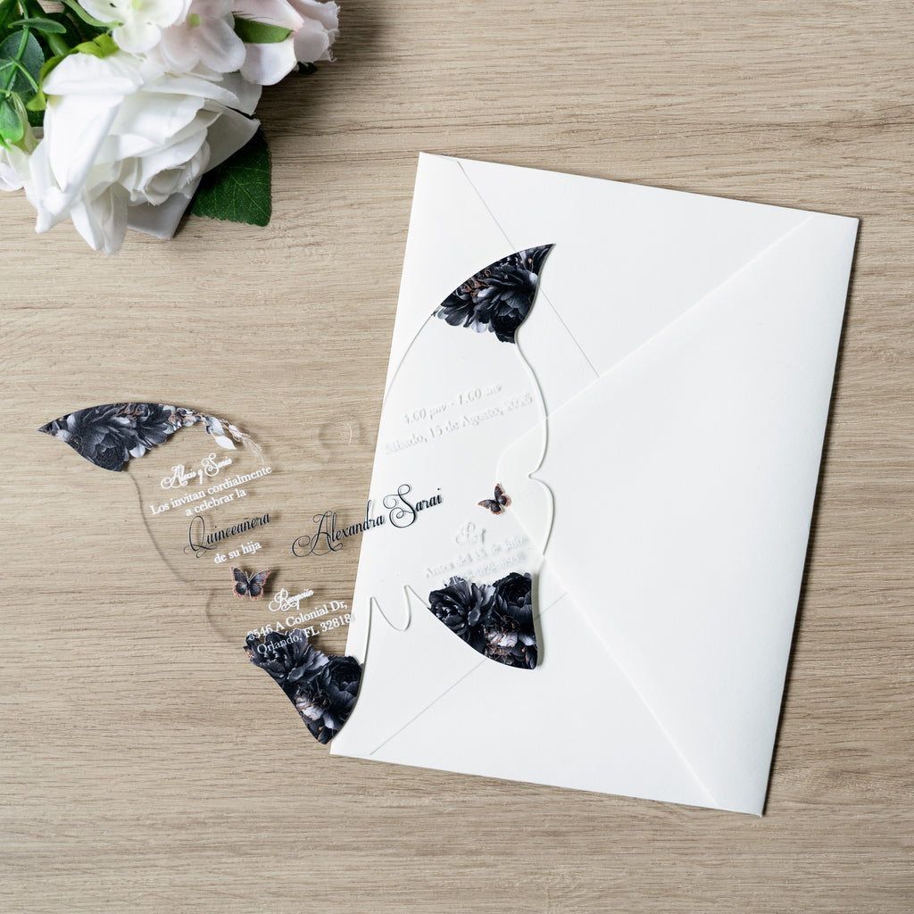 PONATIA 1mm/0.04" Black Butterfly Clear Acrylic Quinceanera Invitation Card with Envelopes