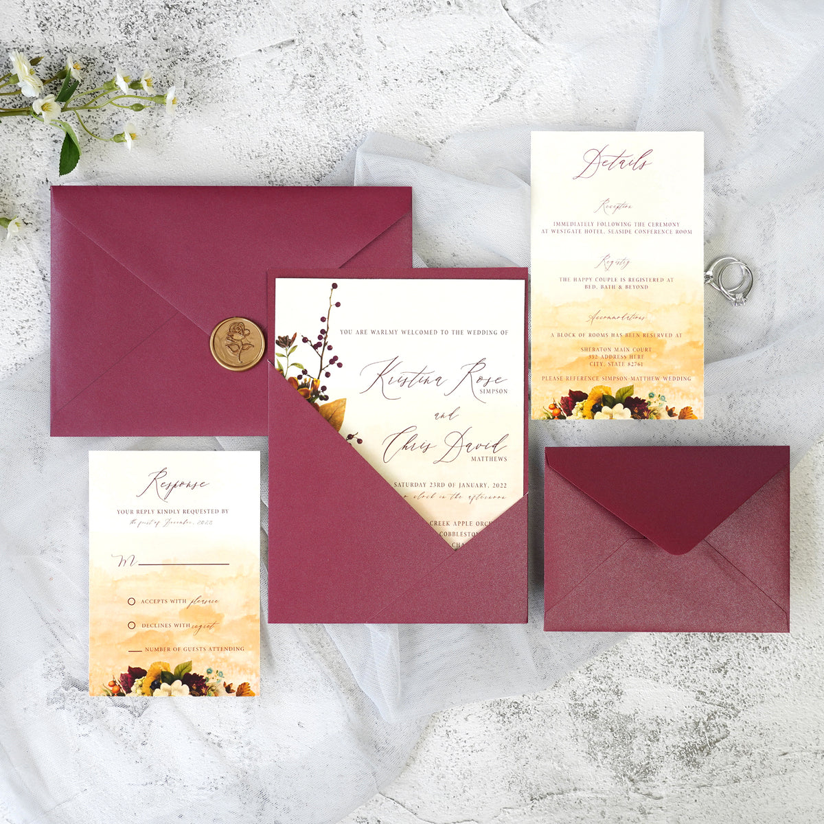 PONATIA Burgundy Panel Pocket Wedding Invitations Cards with Envelopes
