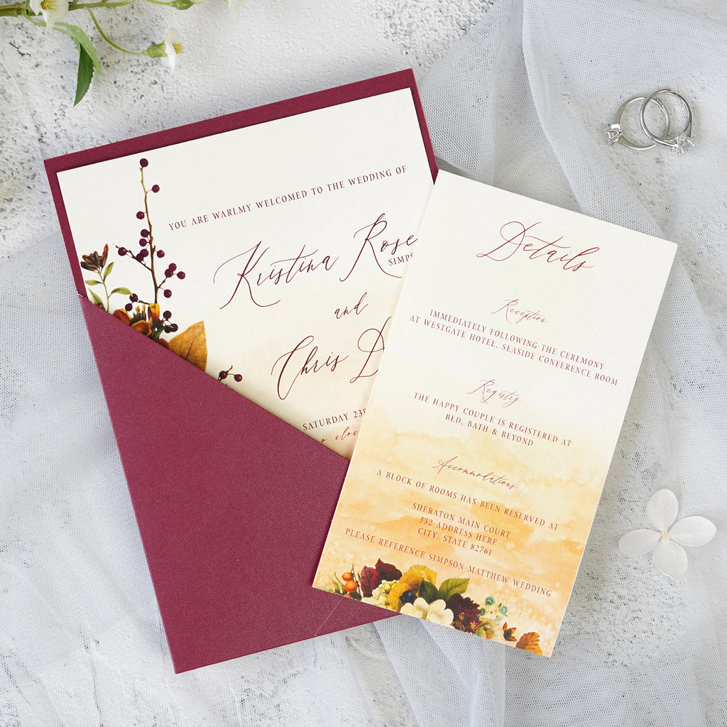 PONATIA Burgundy Panel Pocket Wedding Invitations Cards with Envelopes