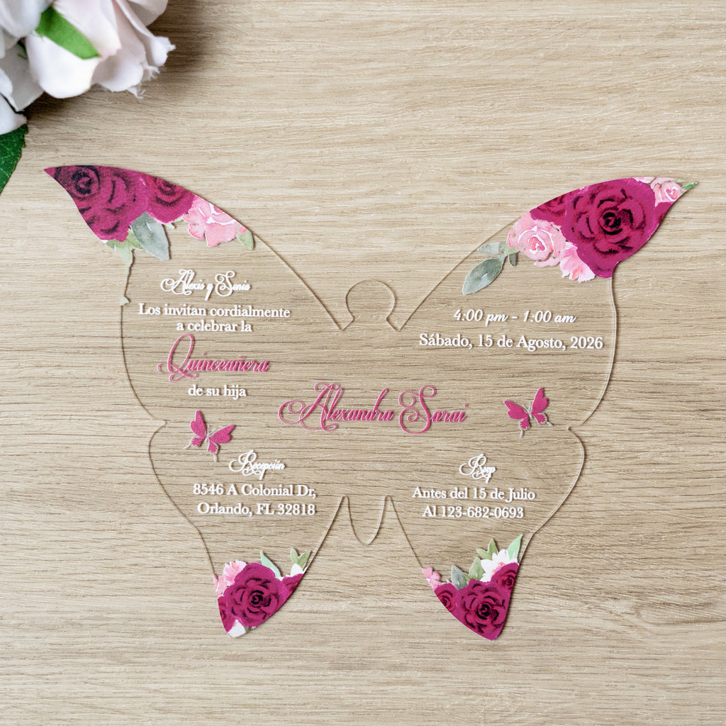 PONATIA 1mm/0.04" Fuchsia Butterfly Clear Acrylic Quinceanera Invitation Card with Envelopes