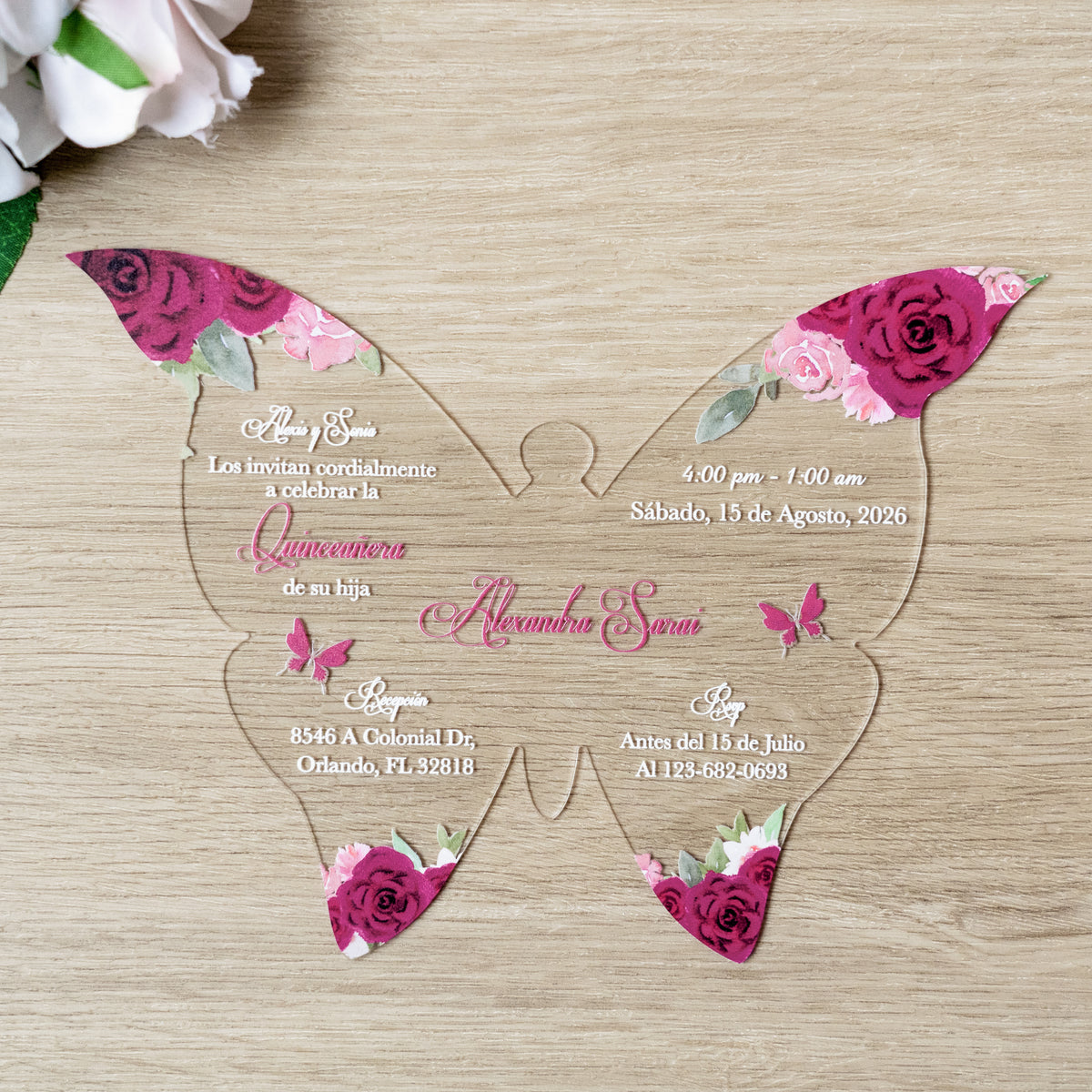 PONATIA 1mm/0.04" Fuchsia Butterfly Clear Acrylic Quinceanera Invitation Card with Envelopes