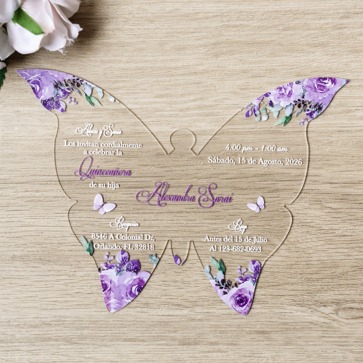 PONATIA 1mm/0.04" Lilac Butterfly Clear Acrylic Quinceanera Invitation Card with Envelopes
