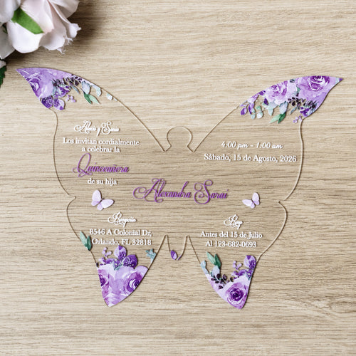 PONATIA 1mm/0.04" Lilac Butterfly Clear Acrylic Quinceanera Invitation Card with Envelopes