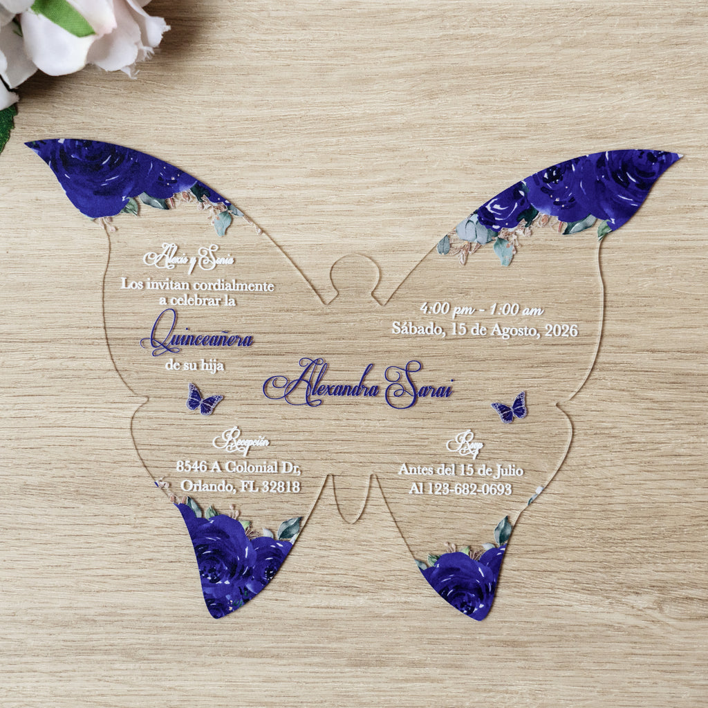 PONATIA 1mm/0.04" Royal Blue Butterfly Clear Acrylic Quinceanera Invitation Card with Envelopes
