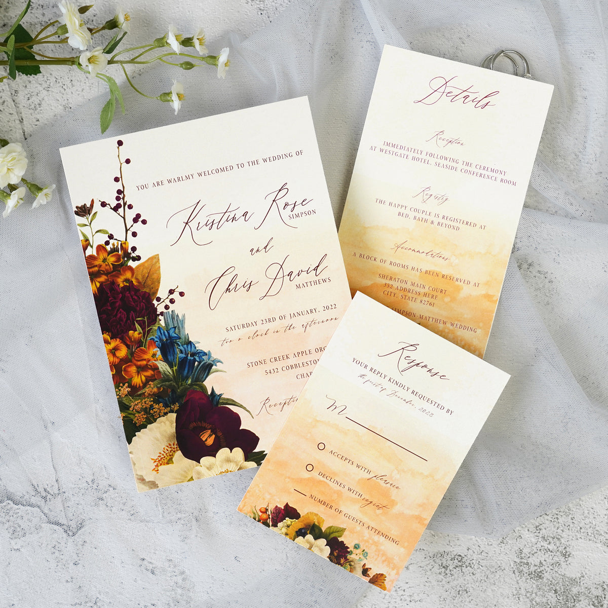 PONATIA Burgundy Panel Pocket Wedding Invitations Cards with Envelopes