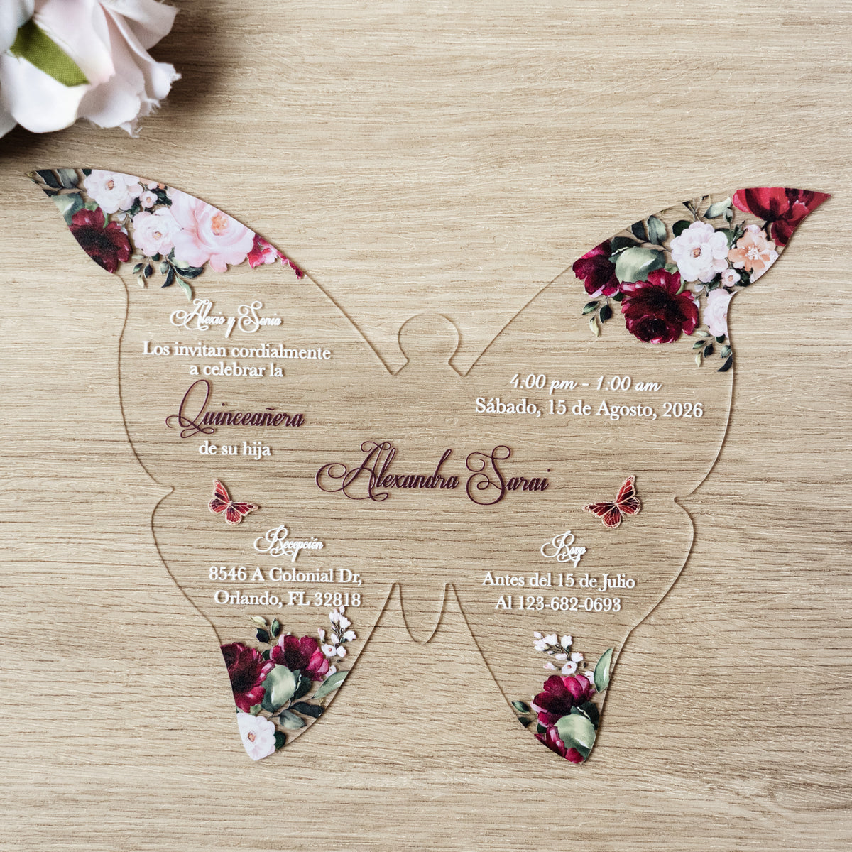 PONATIA 1mm/0.04" Burgundy Butterfly Clear Acrylic Quinceanera Invitation Card with Envelope
