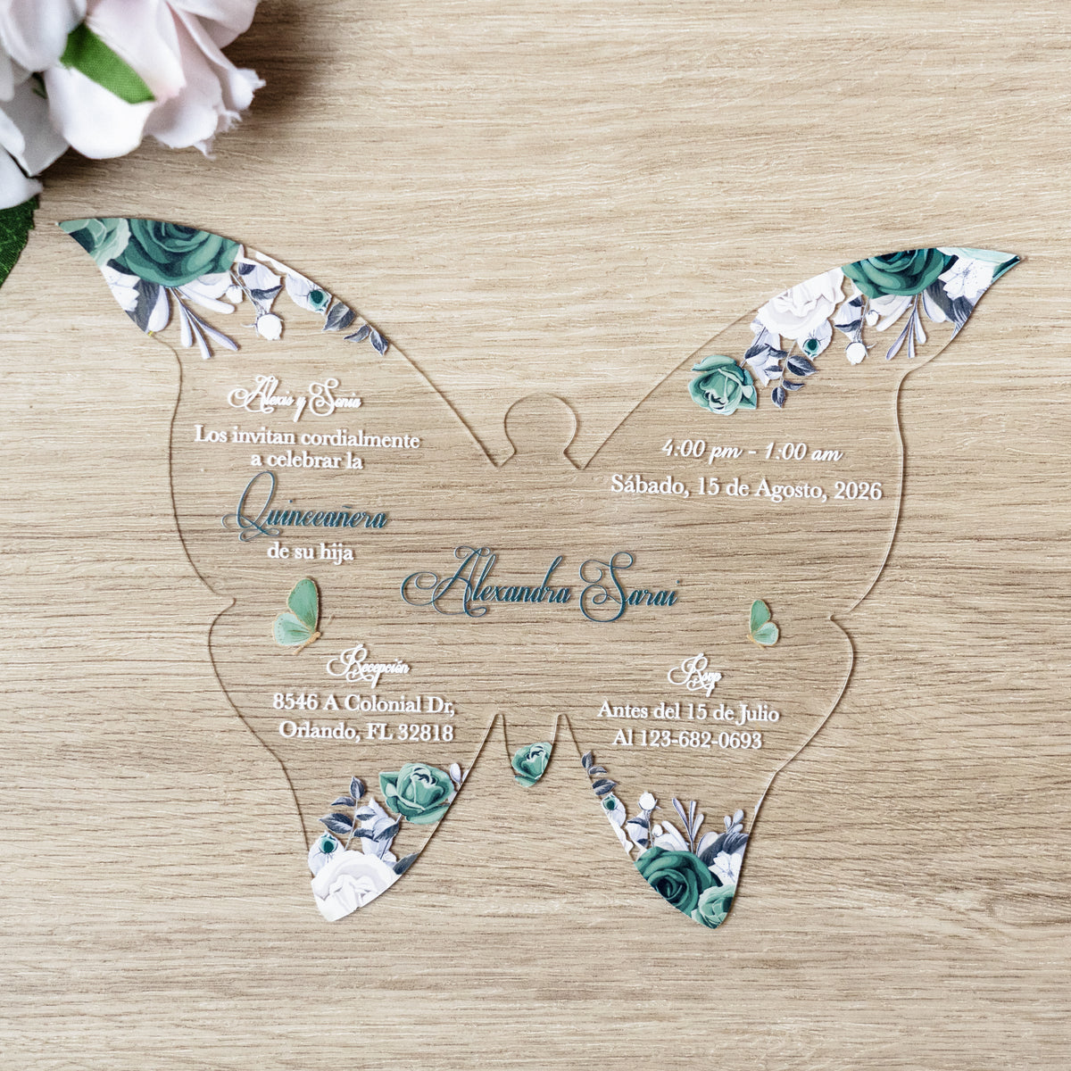 PONATIA 1mm/0.04" Emerald Green Butterfly Clear Acrylic Quinceanera Invitation Card with Envelopes