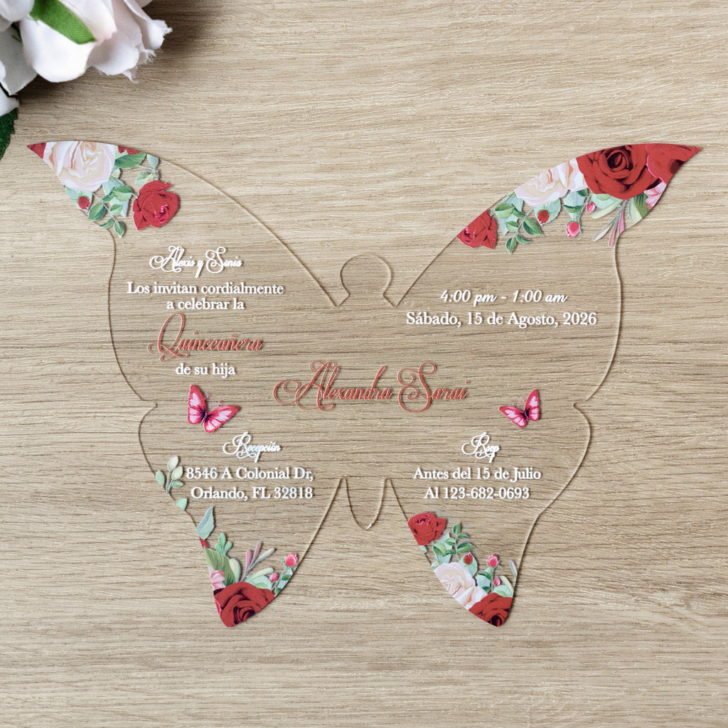 PONATIA 1mm/0.04" Red Butterfly Clear Acrylic Quinceanera Invitation Card with Envelopes