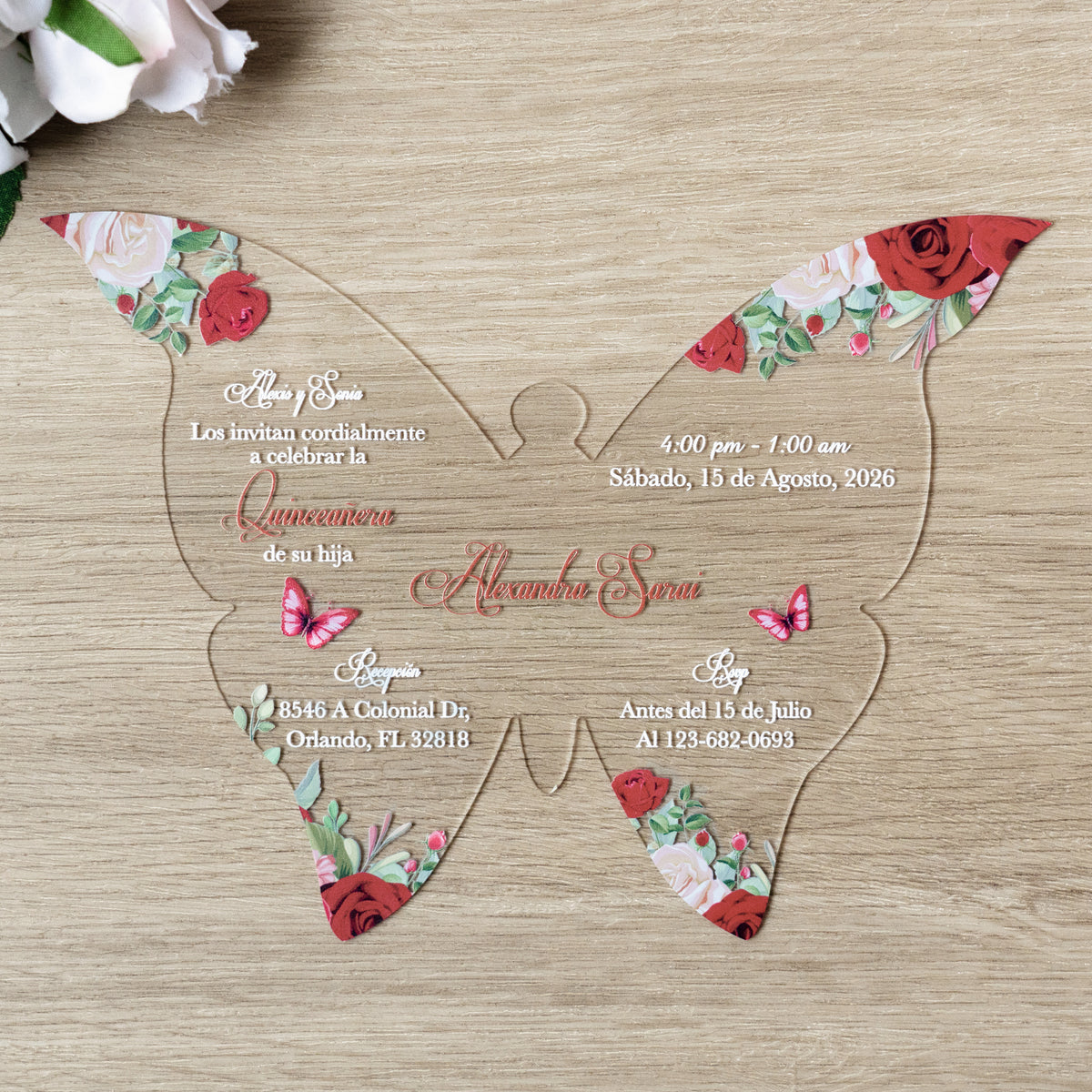 PONATIA 1mm/0.04" Red Butterfly Clear Acrylic Quinceanera Invitation Card with Envelopes
