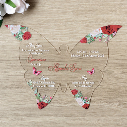 PONATIA 1mm/0.04" Red Butterfly Clear Acrylic Quinceanera Invitation Card with Envelopes