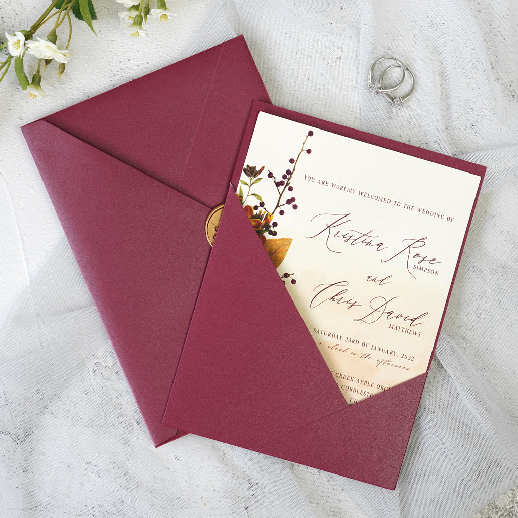 PONATIA Burgundy Panel Pocket Wedding Invitations Cards with Envelopes