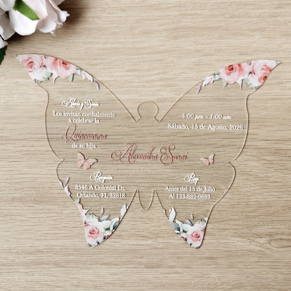 PONATIA 1mm/0.04" Dusty Rose Butterfly Clear Acrylic Quinceanera Invitation Card with Envelope