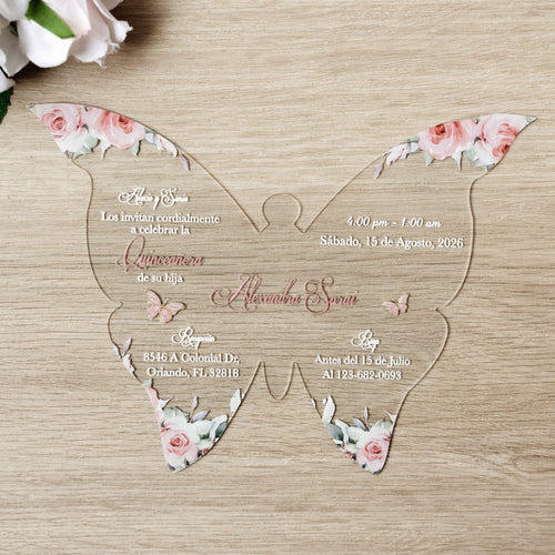 PONATIA 1mm/0.04" Dusty Rose Butterfly Clear Acrylic Quinceanera Invitation Card with Envelope