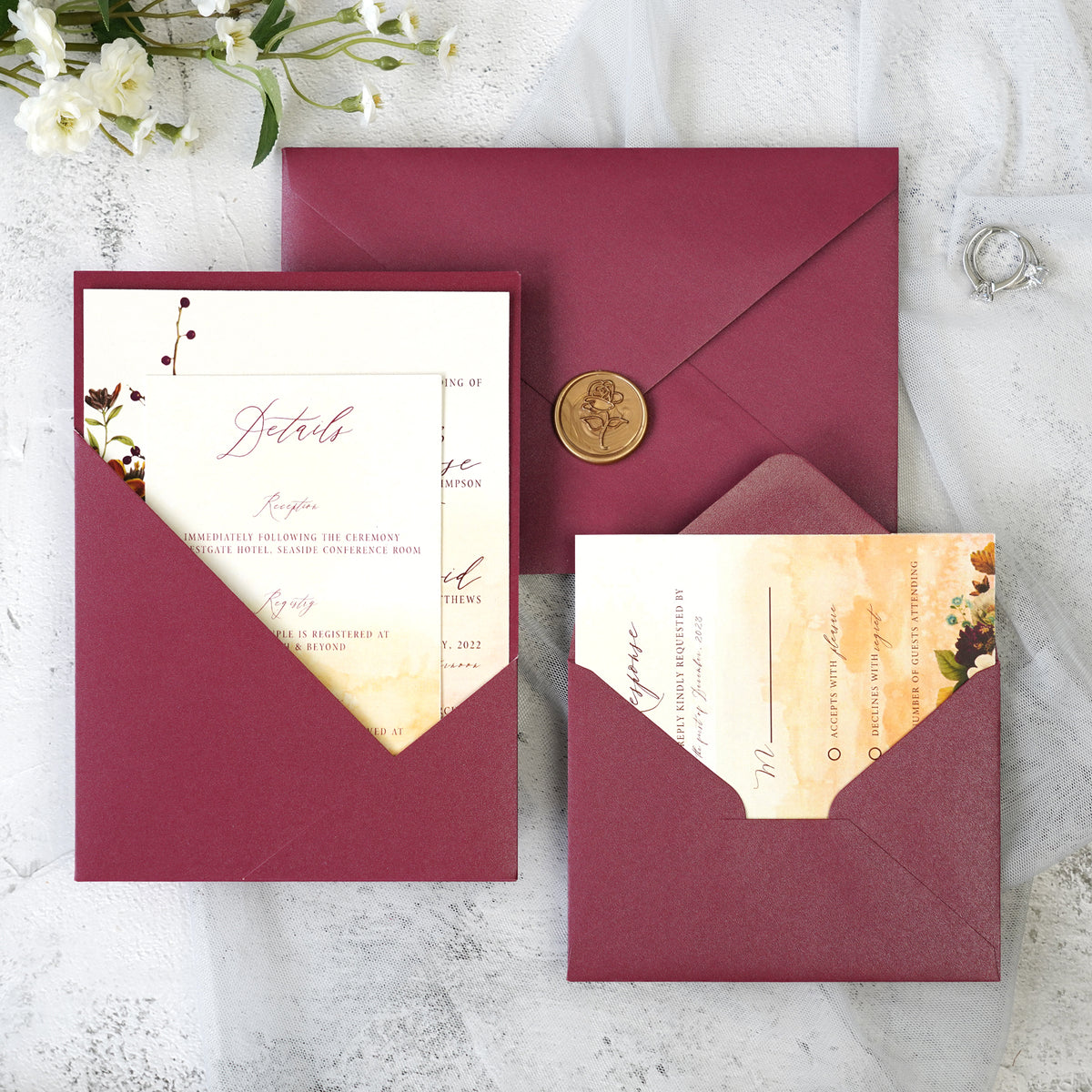 PONATIA Burgundy Panel Pocket Wedding Invitations Cards with Envelopes