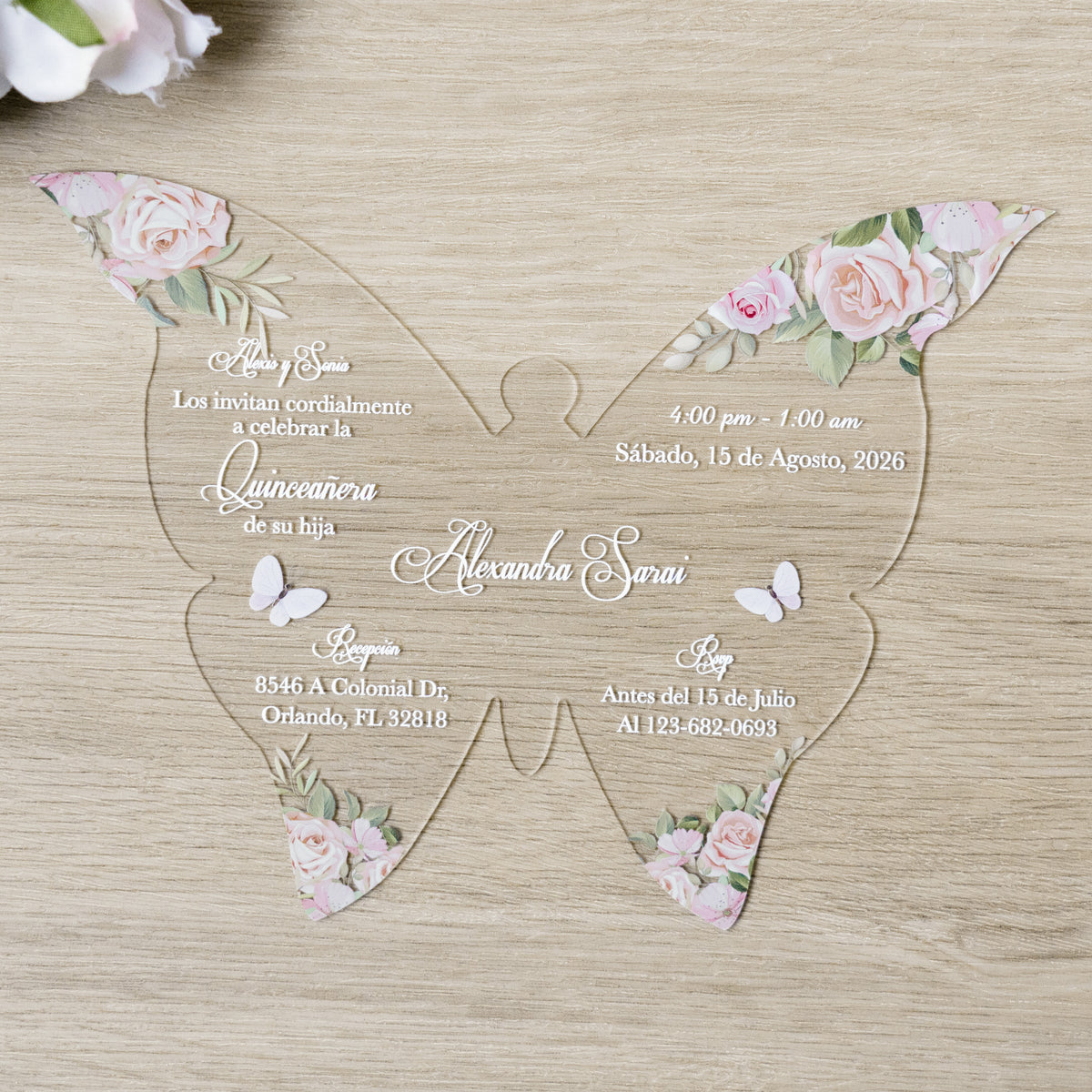 PONATIA 1mm/0.04" Blush Pink Butterfly Clear Acrylic Quinceanera Invitation Card with Envelopes