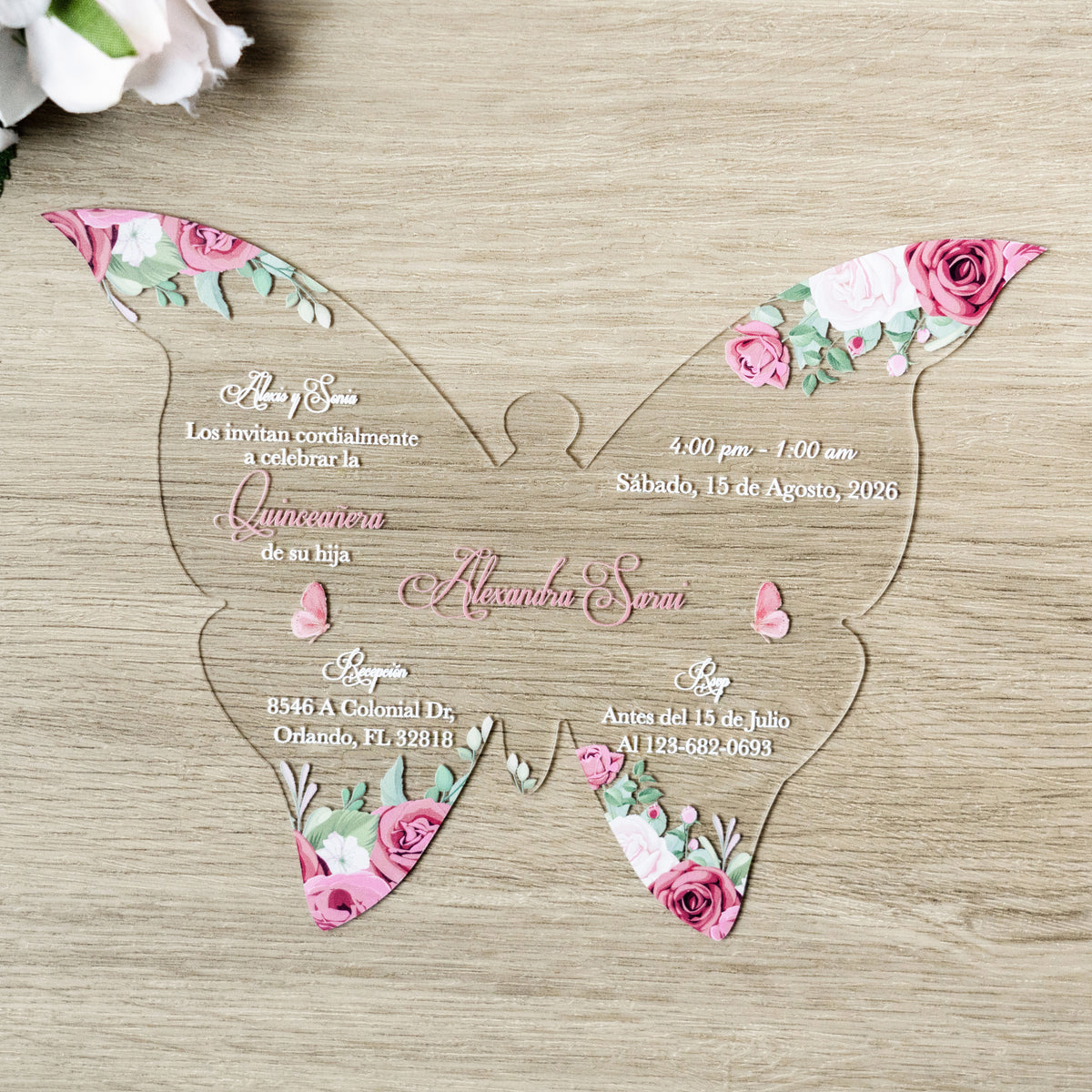 PONATIA 1mm/0.04" Dusty Rose Butterfly Clear Acrylic Quinceanera Invitation Card with Envelopes