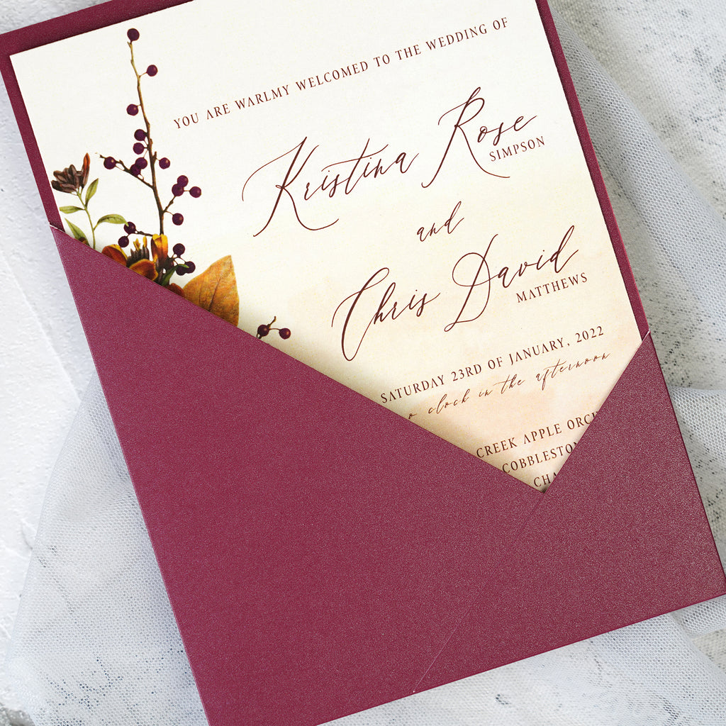 PONATIA Burgundy Panel Pocket Wedding Invitations Cards with Envelopes