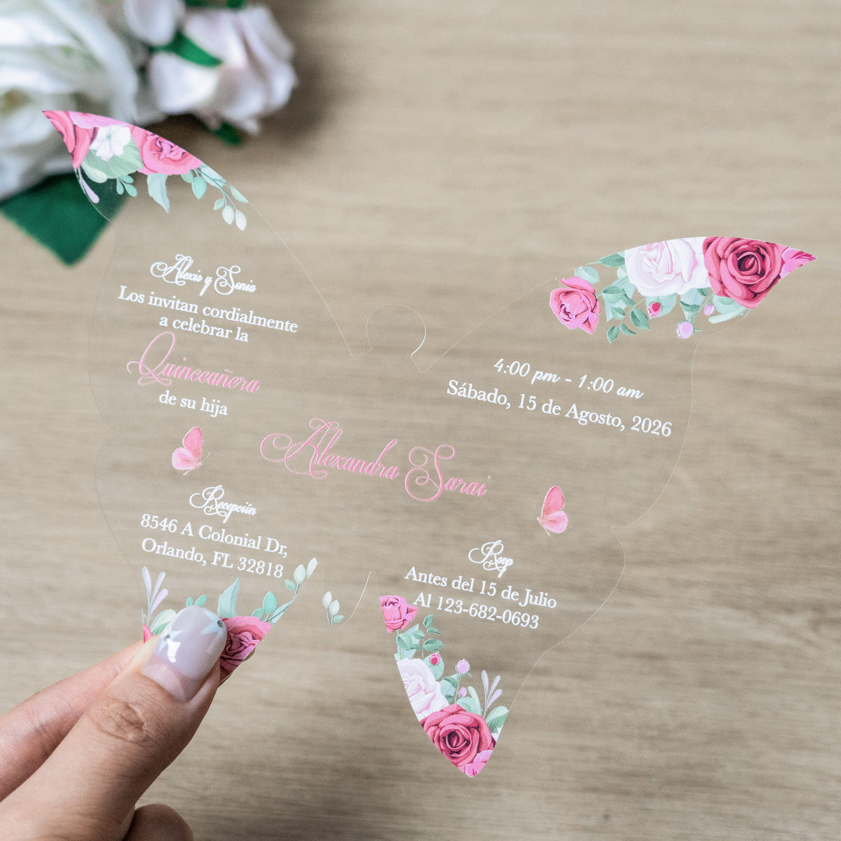 PONATIA 1mm/0.04" Dusty Rose Butterfly Clear Acrylic Quinceanera Invitation Card with Envelopes