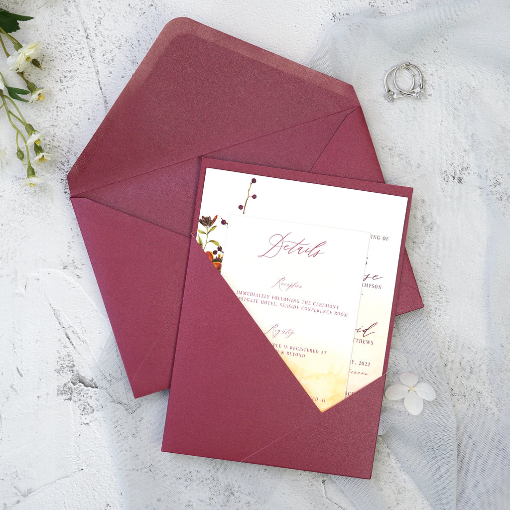 PONATIA Burgundy Panel Pocket Wedding Invitations Cards with Envelopes