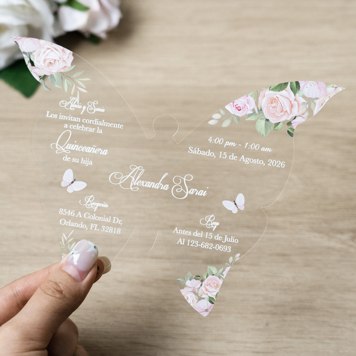 PONATIA 1mm/0.04" Blush Pink Butterfly Clear Acrylic Quinceanera Invitation Card with Envelopes