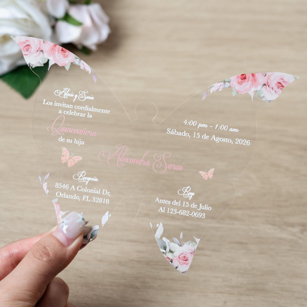 PONATIA 1mm/0.04" Dusty Rose Butterfly Clear Acrylic Quinceanera Invitation Card with Envelope